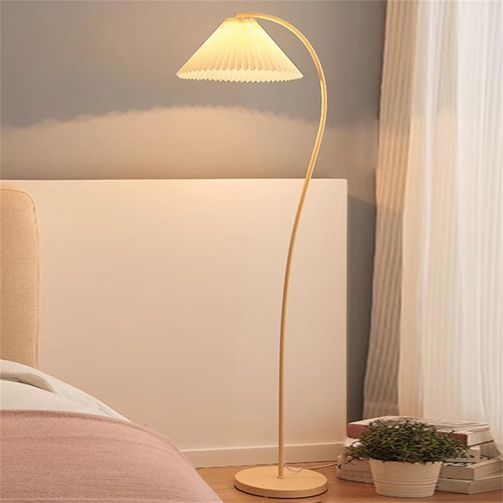LITFAD Metal Arc Floor Lamp with Foot Switch and Fabric Shade Modern Style Floor Light for Living Room Bedroom Office - 110V-120V White Base Beige Shade