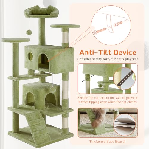 Image of Sweetcrispy 54 Inch Cats Tree Tower, Multi-Level with Scratching Post, Indoor Cat Tree Condo with Climbing Ladder, Plush Toy, Play House for Kittens, Green