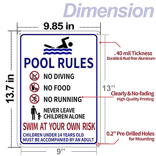 2-Pack Pool Rules Sign, 9.7"X13.85" Pool Signs Rust-Free 0.040 Aluminum And Fade-Resistant Printing With No Diving No Running Swim At Your Own Risk, Swimming Safety Pool Signs And Decor Outdoor #TOP1