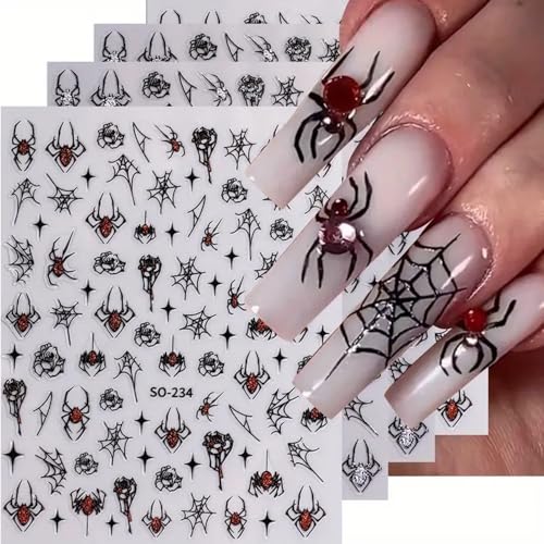 6Sheets Halloween Nail Art Stickers Decals, 3D Spider Nail Sticker Halloween Nail Decoration Self-Adhesive Black Red Silver Glitter Star Spider Web for Nails Stickers DIY Manicure Art Decoration