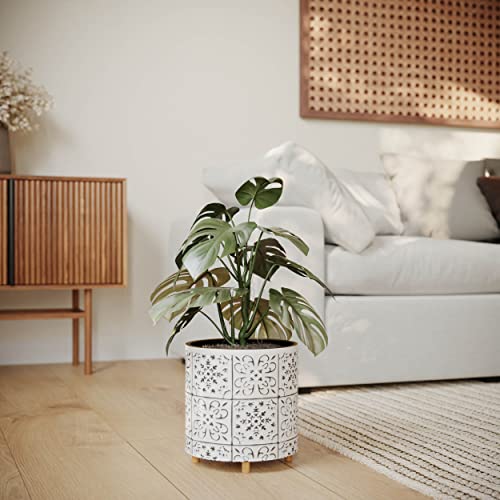 Evernest Tristan White And Black Planter With Wooden Peg Leg Stand, 12-Inch Plant Pot, Selectbase, Boho Style Print, Indoor Home Decor Planter For Plants (Large, 3 Gallon) #TOP4
