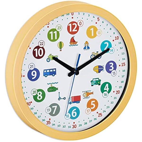 Relaxdays Zegar ścienny dla dzieci, Ø 30 cm, motyw pojazdu, nauka godziny, zegar do pokoju dziecięcego, zegar dla chłopców i dziewczynek, zegar dziecięcy, ścienny, kolorowy