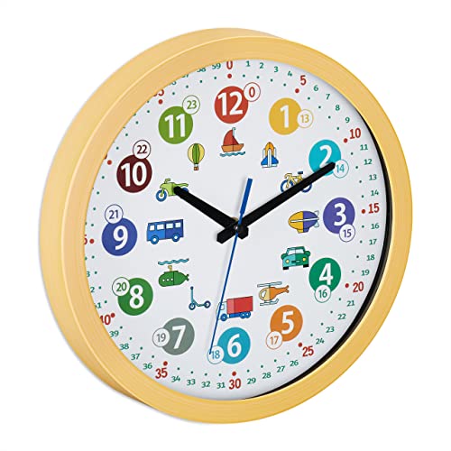 Relaxdays Wanduhr Kinder, Ø 30 cm, Fahrzeugmotiv, Uhrzeit Lernen, Kinderzimmeruhr Jungen & Mädchen, Kinderuhr Wand, bunt