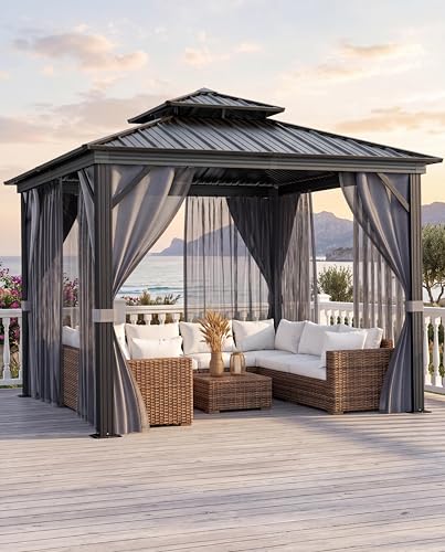 KYBOLT 10x10 Ft Hardtop Gazebos with Heavy Duty Double Roof Nettings and Curtains Galvanized Steel Outdoor Gazebos for Patio Backyard Deck Lawn