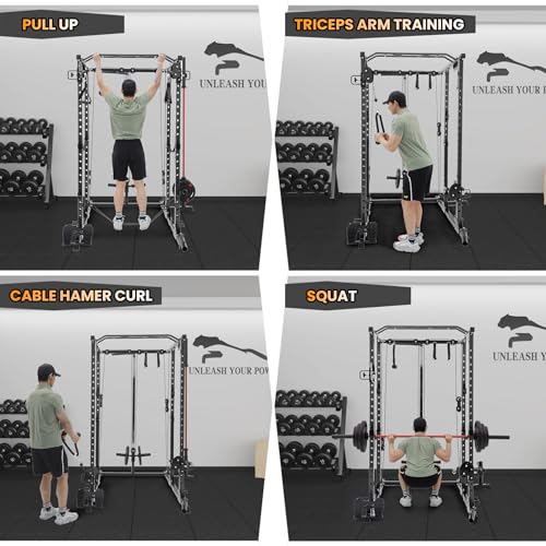 GaveeLife Power Cage, 2000 LBS Power Rack with Cable Cross-Over System, Multi-Functional Strength Training Squat Rack with LAT Pull Down System, Home Gym Equipment with Training Attachment, Red