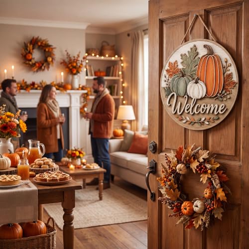 Image of Fall Decor - Fall Welcome Sign for Front Door | Thanksgiving Decorations | Rustic Round Pumpkin Door Wreath Sign Wood Hanging Decor - Fall Thanksgiving Party Favors Supplies for Home Door Wall Decor