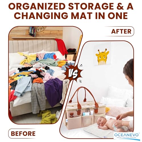 Image of OCEANEVO Cute Diaper Caddy Organizer Bag WITH Lid, Changing Mat & Luggage Tag | New Born Baby Essentials Storage Basket with Compartments and Removable Shoulder Strap | 40 x 27 x 19 Cm - Beige
