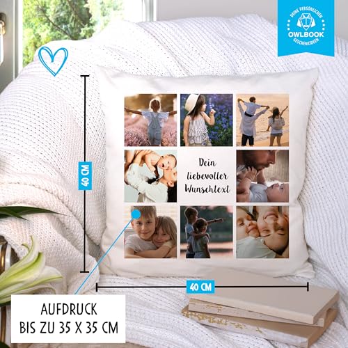 OWLBOOK® Personalisiertes Kissen mit Foto Bedrucken Lassen - Fotokissen mit 8 Fotos & Text selbst gestalten - Foto Kissen 40 x 40 cm weiß, optional mit Füllung