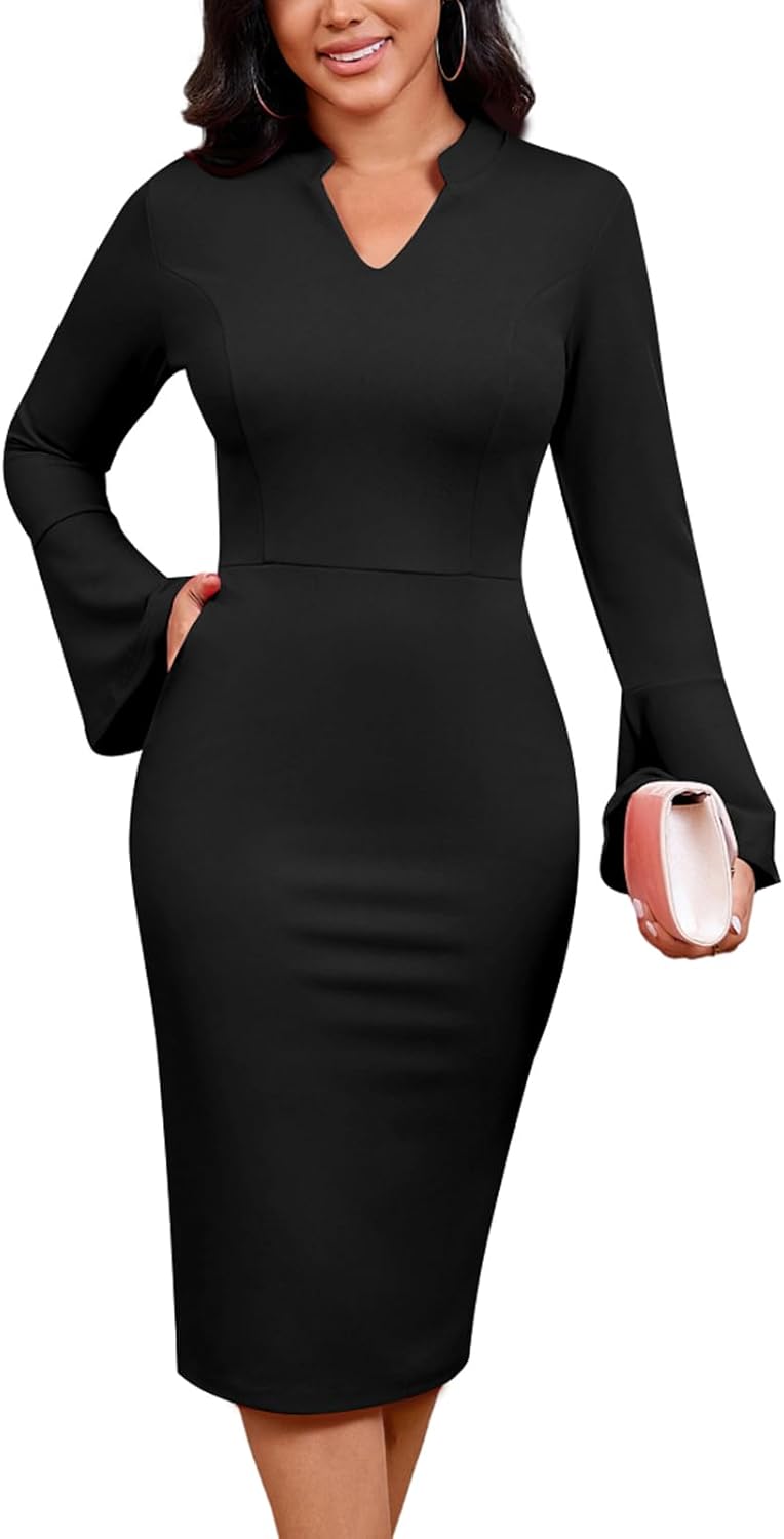 Church Dresses for Women Flare Sleeve V Neck Business Wear to Work Vintage Mid Pencil Formal Dress with Pocket - Image 5