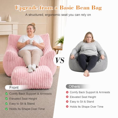 LaoGeoRon Giant Bean Bag Chairs for Adults, Large Plush Bean Bag Chair with Armrests & Ottoman, Living Room Beanbag Chair with Memory Foam Filled, Vacuum-Compressed for Easy Gifting, Pink - Image 8