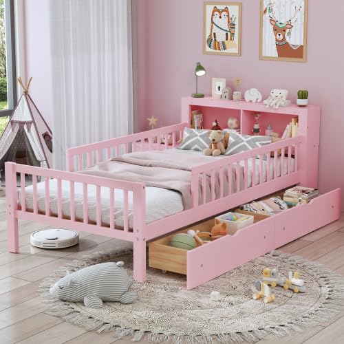 Bellemave Kids Platform Bed with Storage Headboard, Twin Size Kids Bed with 2 Under-Bed Drawers and 3-Side Guardrails (Pink)