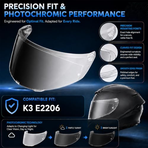 Image of PSLER Photochromic Helmet Visor for K3 (E2206),Only for S /M /L Size | Only for S /M /L K3 Helmet Size,Impact-Resistant ,UV400 Protection, Motorcycle Tinted Face Shield for K3 DOT(E2206) Replacement