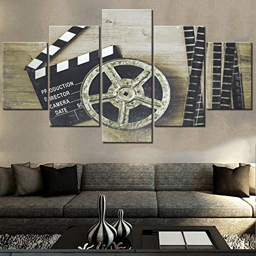 Movie Theater Decor Black and White Pictures Metal Film Reel Paintings for Living Room Movie Poster Artwork 5 Panel Print Canvas Movie Stripe Wall Art Giclee for Home Framed Ready to Hang(60''Wx32''H)