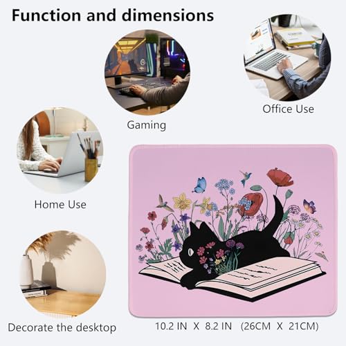 Image of Kawaii Mouse Pads,Cute Black Cat Mouse Pad,Girly Pink Floral Desk Mat for Home Office Dorm Desktop Decor,Cat Lover Gift,10.2x8.2 Inch