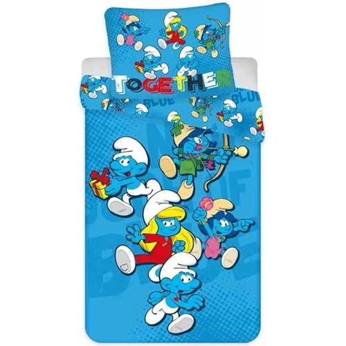 Les Schtroumpfs - Parure de Lit Enfant Coton - Housse de Couette 140x200 cm Taie d'oreiller