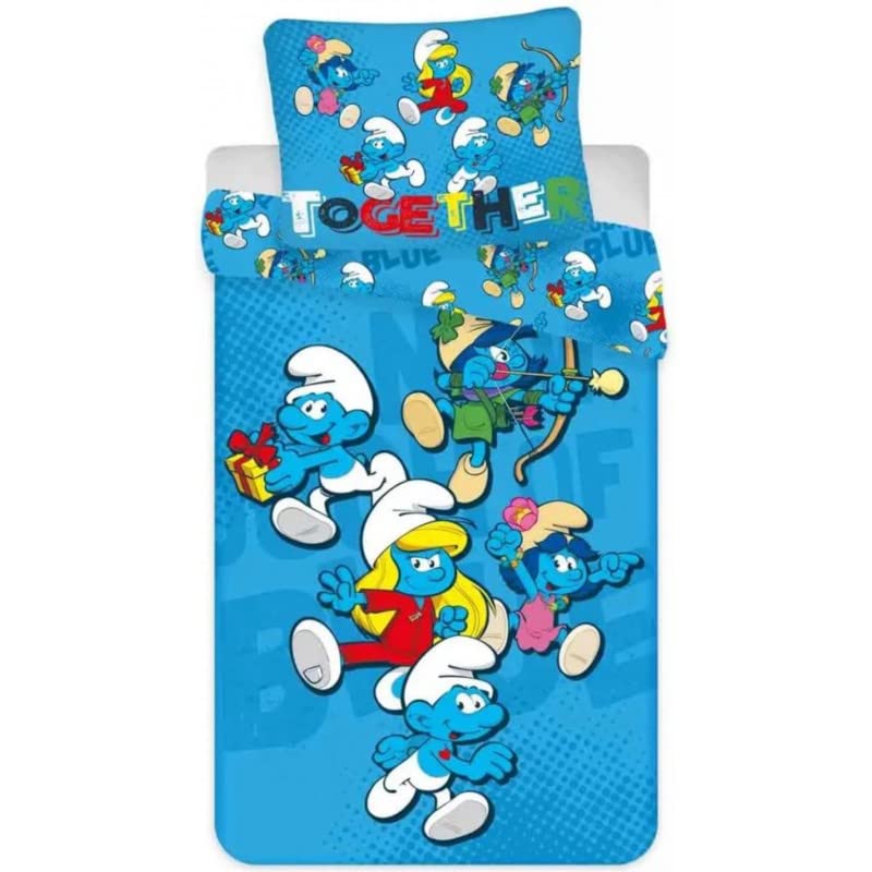 Les Schtroumpfs - Parure de Lit Bébé Coton Bleue - Housse de Couette 100x135 Taie 40x60 cm
