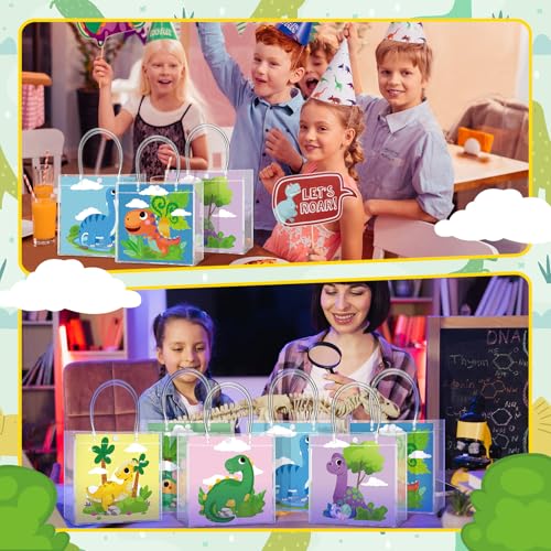 Image of Teenyyou 24 Pcs Dinosaur Clear Gift Bags with Handles Cute Dinosaur Party Favor Candy Snack Treat Bags for Birthday Baby Shower Dino Theme Party Supplies
