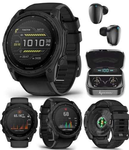 Wearable4U Garmin Tactix 8, 51mm Solar, Elite, Titanium Bezel, Sapphire Lens, Premium Tactical GPS Smartwatch, Includes Applied Ballistics Ultralight Elite Solver, 40 M Dive Rating w Earbuds Bundle