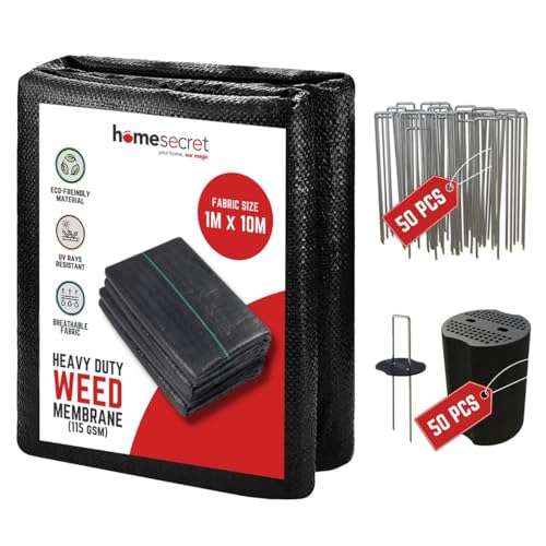 115 GSM Weed Membrane Heavy Duty - 1M x 10M with 50 Pegs Weed Control Membrane - Garden Membrane Weed Control - Weed Control Fabric - Landscape Fabric, Weed Barrier Fabric, Weed Matting - Black