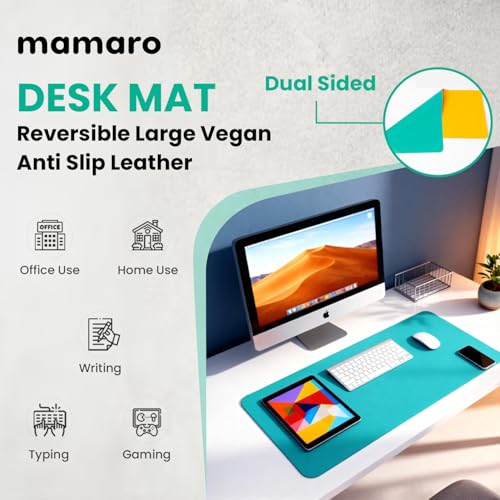 Image of Reversible Desk Mat 90x45 CM - Large Vegan Leather Office Desk Pad | Mouse Pad for Work from Home & Office | Anti-Slip Leather | Waterproof, Splash-Proof Desk Accessories (Sea Green & Yellow)