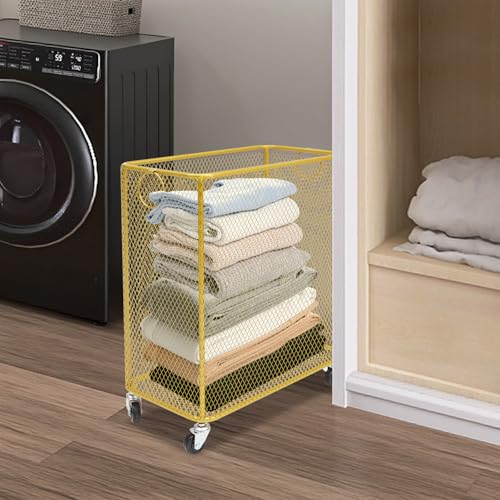 Image of Wire Metal Rolling Laundry Basket On Wheels,Gold Mesh Wire Laundry Basket Storage Cart for Bathroom Bedroom Dirty Clothes Storage (I)