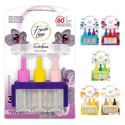 FRESH LINE® Recambio de ambientador de 6 unidades (3 x 7 ml) – Cambio de 3 fases – Completa a 3VOLUTION – Ambientador – 6 fragancias: bayas silvestres, jazmín, limas, frescas de abril, orquídeas
