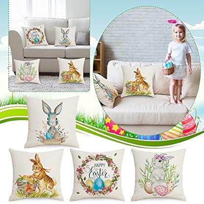 SLYGOU 4er Set Ostern Kissenbezug 45x45cm,KissenhüLle Osterdeko Hase Leinen Dekokissen Cases Home Kissenbezug 40x40 Leinen Osterhase Deko 40x40 cm Saisonnal Zierkissenbezug – Bild 5