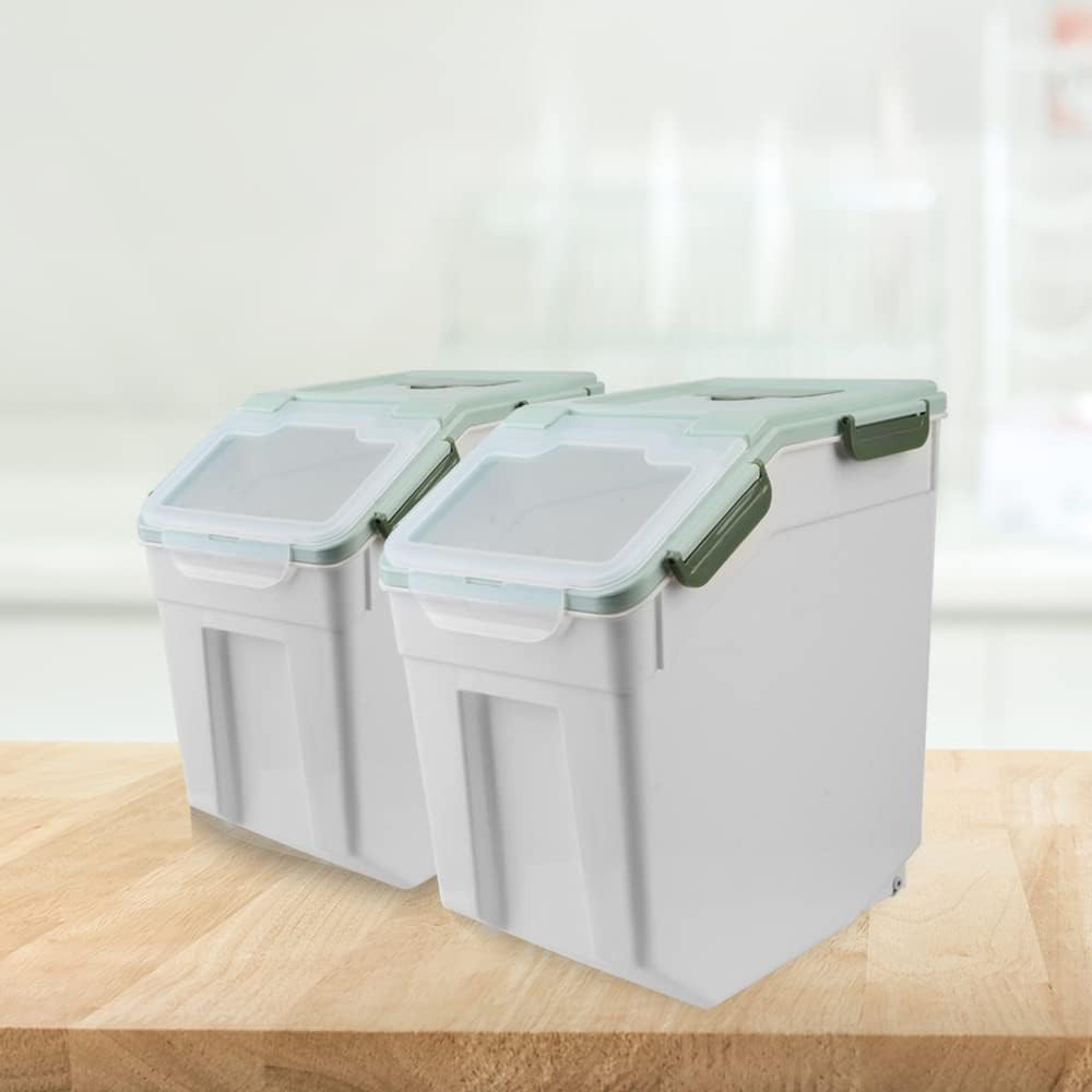 2 Stück große Mehl-Aufbewahrungsbehälter 22,7 kg luftdichter Reisbehälter mit Deckel, Räder, Messbecher, Schaufel, Kunststoff, Mehl, Zucker, Organizer für Getreide, Müsli, Reisspender (grün)