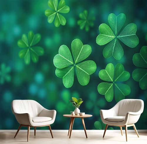 Fotomurales Trébol Fresco De Cuatro Hojas Papel Pintado Seda Plantas De Ensueño Diseno Fotográfico Decoración De Pared Sala Cuarto Oficina Salón Verde Papel Pintado 400X280Cm