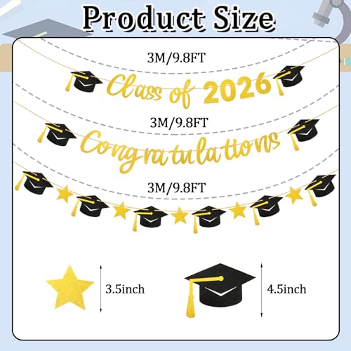 Image of Graduation Banner, Class of 2026 Pre-Strung Black Gold Glitter Banners Graduation Garland for Congratulation Graduations School Home Party Decorations