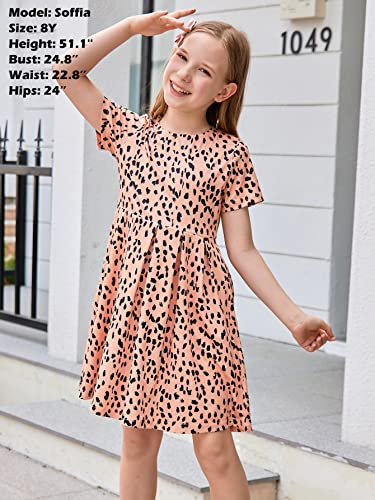 Gorlya Girl's Short Sleeve Patchwork Floral Print Vintage Style Puffy Swing Casual Party Dress With Pockets For 4-12 Years (Gor1003, 9-10Y, Orange Leop_B) #TOP3