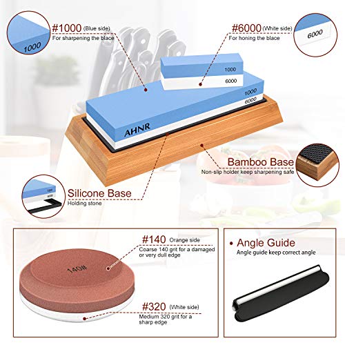 Knife Sharpening Stone Set, Puck - Axe Sharpener Tool, AHNR Multi-Purpose Knife Sharpener Kit Dual Side Grit 1000/6000, Whetstone Blade & Tool Sharpener with NonSlip Bamboo Base & Angle Guide - Thumbnail 3