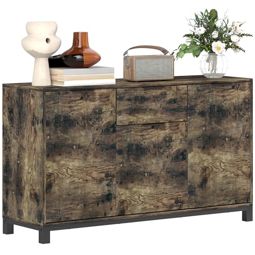 Image of HOMCOM Sideboard, Industrial Storage Cabinet with Doors, Drawer, Cupboard and Adjustable Shelves for Living Room, Dining Room, Hallway, Rustic Brown