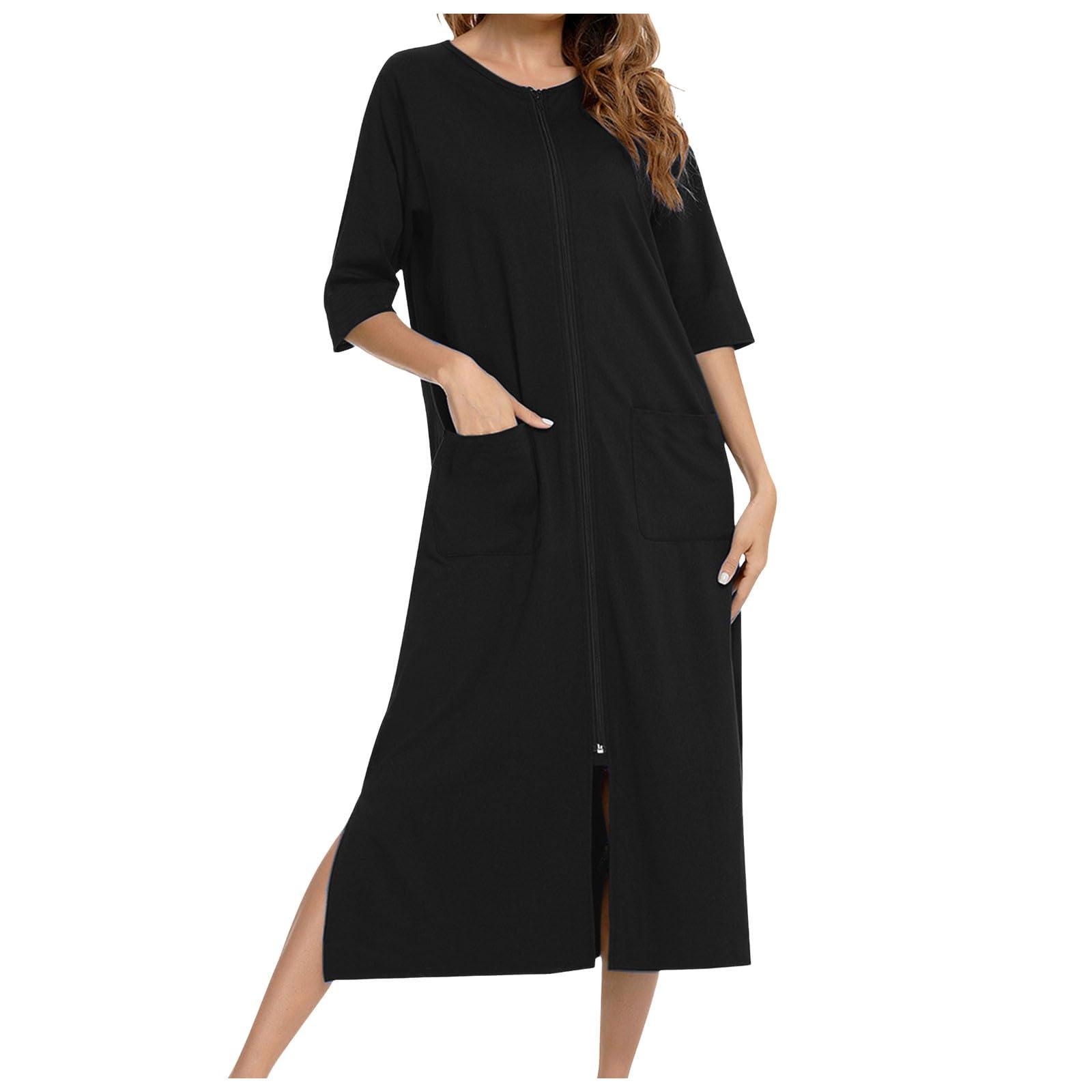 Umstandspyjama Damen Robe Stillpyjama Bequem Morgenmantel 3/4 Ärmel Umstands Nachthemd Hausmantel mit Taschen und Reißverschluss Locker Loungewear Bademantel Weicher Hausanzug