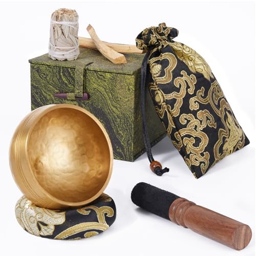 alasemo Tibetan Singing Bowl Set (3.15 Inch, copper) - Hand-Hammered, Perfect for Sound Bath, Yoga & Meditation Stress Relief, Comes with Gift Box, Free Palo Santo Wood + California White Sage