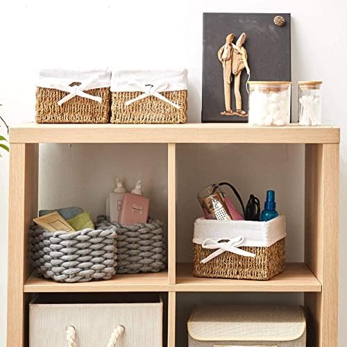 EZOWare Set of 4 Seagrass Wicker Woven Baskets, Square Natural Storage Cube Box Bins with Removable Liners - (18 x 18 x 14 cm, Brown )