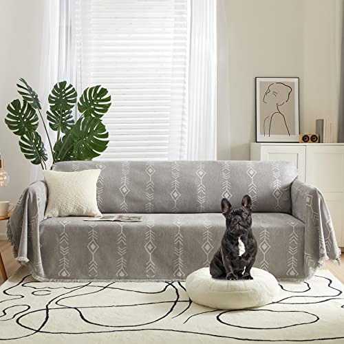 Roomlife Thick Chenille Grey Sofa Slipcover Boho Fish Bone Pattern Sofa Covers For 3 Cushion Couch Soft Sectional Couch Covers Blanket Versatile Couch Protector Couch Covers For Dogs Pets,71"X134" #TOP8