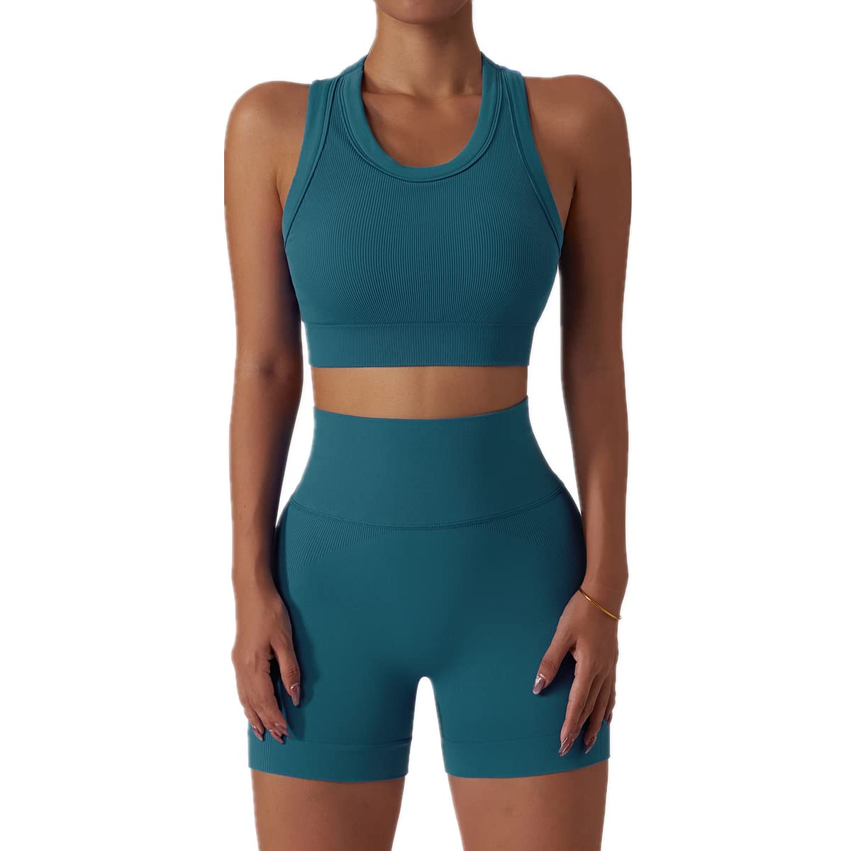 Workout Sets for Women 2 Piece Seamless Ribbed Tank Top Sport Bra High Waist Biker Shorts GYM Yoga Exercise Outfits
