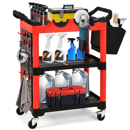 YITAHOME Auto Detailing Cart with Wheels 3 Tier Rolling Detail Cart with 2 Polisher Brackets Car Wash Organizer Cart with 2 Hanging Plate & Hooks & Hanging Bucket for Garage Workshop Repair Shop