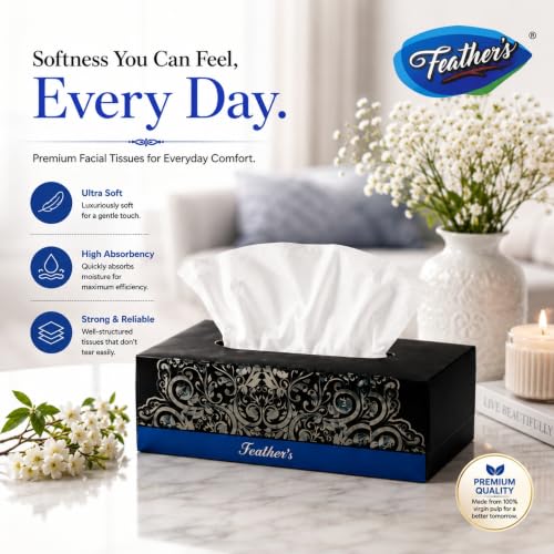 Image of Feather's Face Tissue Box (Dry) | 2 Ply, 200 Pulls per Box, Pack of 6 | Super Soft & Absorbent Facial Tissue Box | Facial Tissue Papers | Virgin Paper, Biodegradable (Random Color Box)