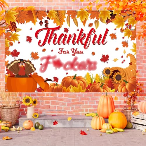 Friendsgiving Banner Fall Maple Leaves Turkey Pumpkin Backdrop for Friendsgiving Party Decorations Supplies, 71x43 Inches by AUSHENKE - Used condition - Image 5