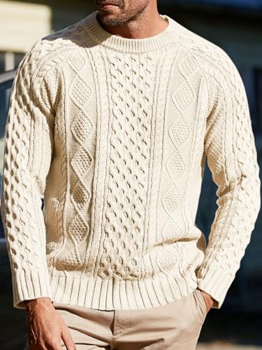 Runcati Mens Long Sleeve Cable Knit Pullover Sweater Fisherman Twist Patterned Crewneck Sweater2