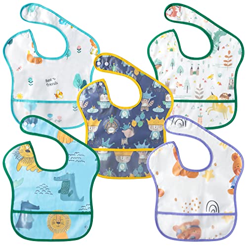 Zainpe 5Pcs Snap Baby Bibs for Boys Girls 6-24 Months Waterproof Stain Resistant Feeding Bib with Food Catcher Pocket