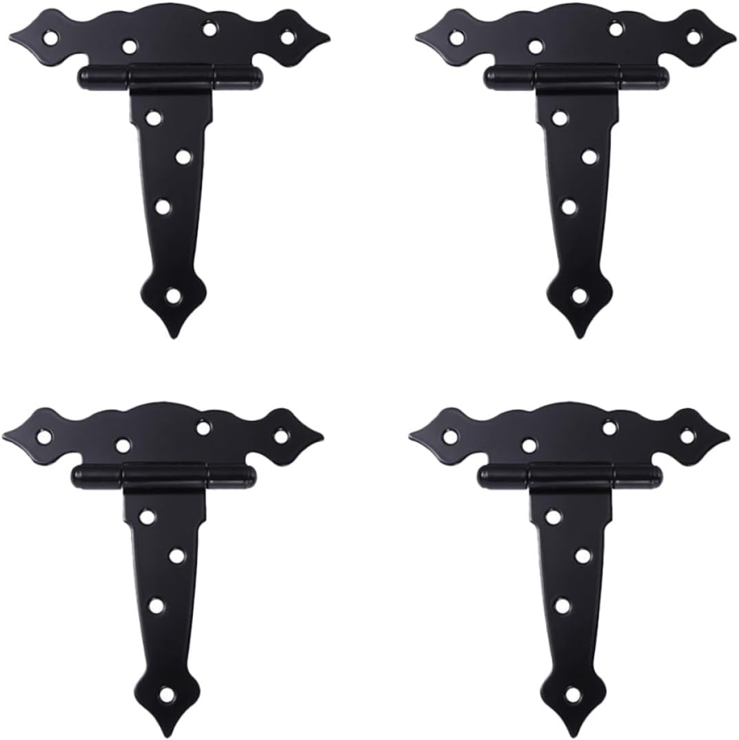 4pcs Black T-Shape Iron Heavy Duty Strap Hinges for Wooden Gate Barn Door with Slotted Bearing, 6-inch Gate Hardware for Exterior Shed and Fence Installation