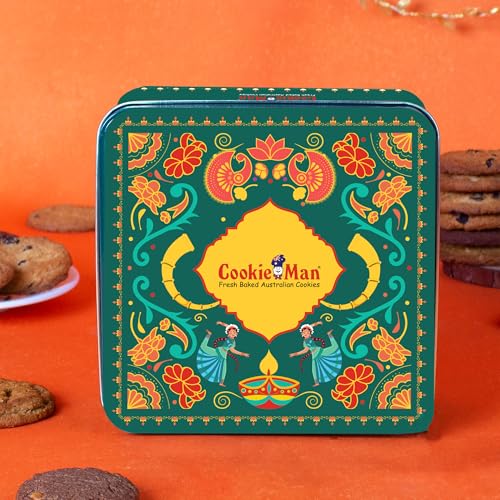 Image of CookieMan Festive Diwali Cookies Gift Tin - 250g | Premium Assorted Cookies Hamper with Choc Chip, Double Choc Chip, Mocha, Butter Cashew & Black Currant | Diwali Gifting & Corporate Gift Set