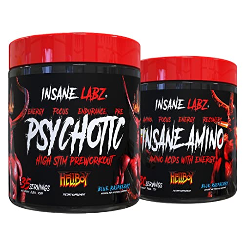 Image of Insane Labz Hellboy Bundle, Psychotic Hellboy Pre Workout and Insane Amino BCAA, Increase Muscle Mass, Strength, Focus and Recovery Time, Blue Raspberry