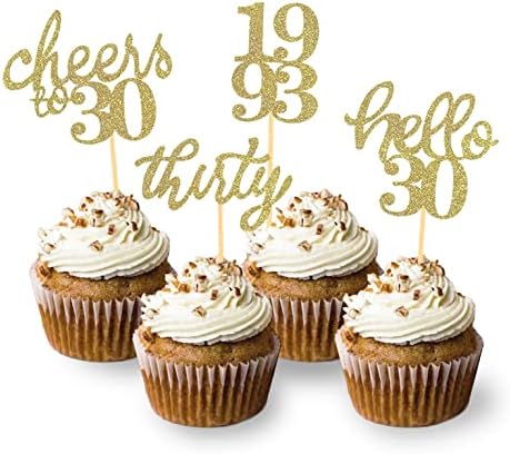 24 PCS Gold Glitter 30th Birthday Cupcake Toppers for Celebrating Thirty Years Old Birthday Party Decorations for 30th Anniversary Party Supplies