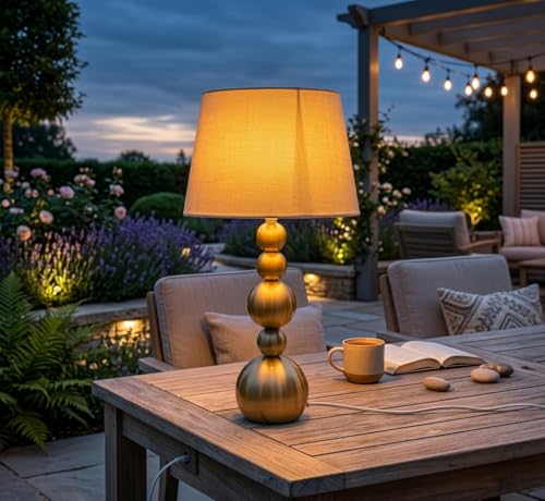Image of Gold Metal Ball Table Lamp with Neutral Linen Shade - 5-Tier Spherical Base Design - Premium Brass Finish Accent Light for Modern Home Interiors & Bedside Tables