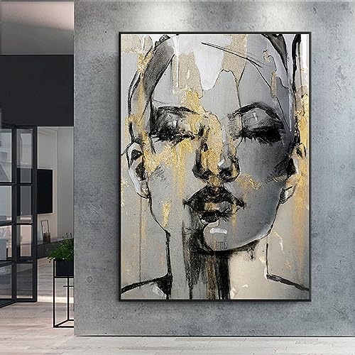 Peintures noir et or de visage féminin sur toile de haute qualité avec châssis