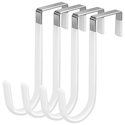 DkOvn Over The Door Hook, 4/10/20 Pack Door Hooks, White/Black Rubber Surface Prevent Scratche Door Hanger Hooks for Bathroom, Living Room, Kitchen, Hanging Clothes, Towels, Bags(4 Pack White)
